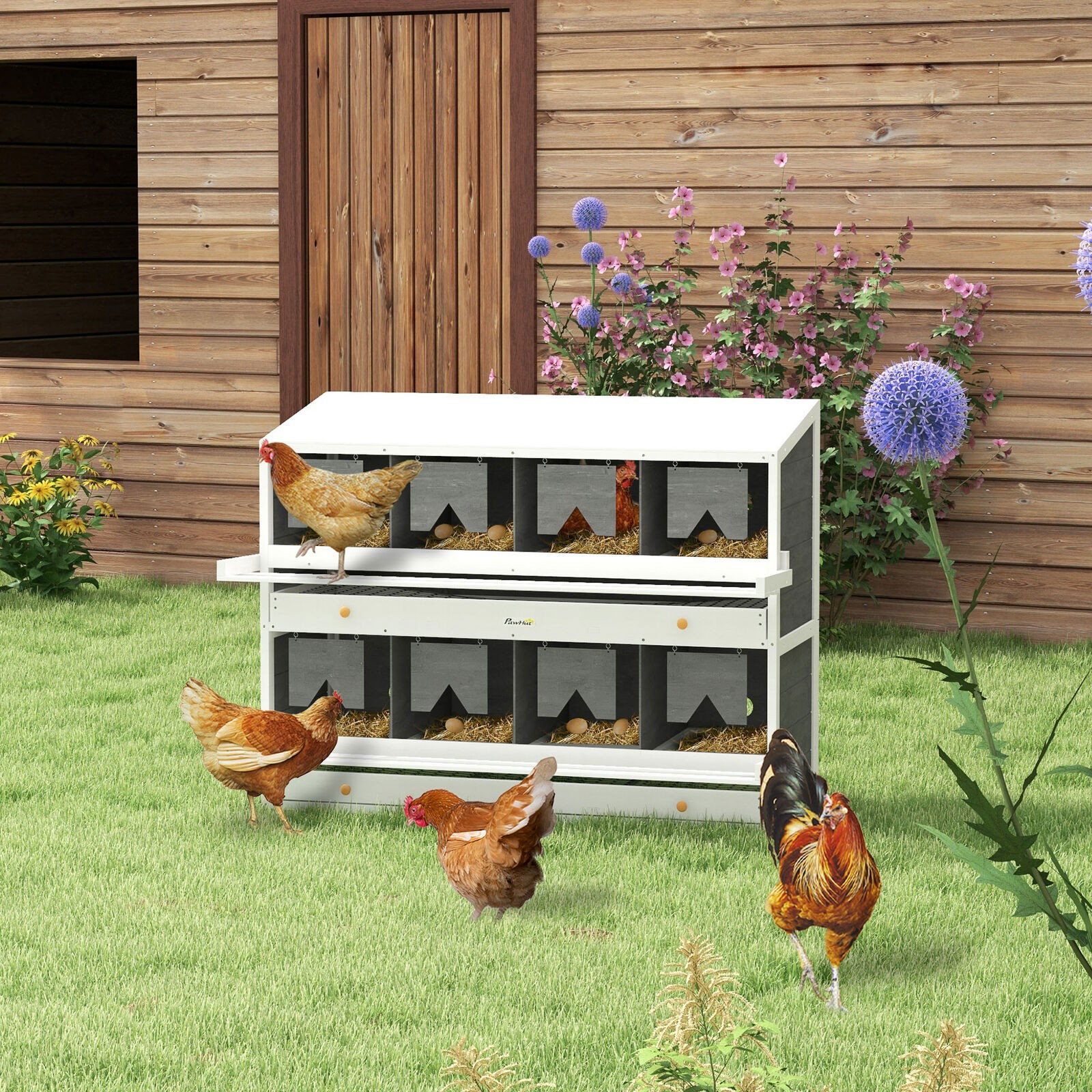 8 Compartments Nesting Boxes for Chickens w/ 2 Egg Collection Trays
