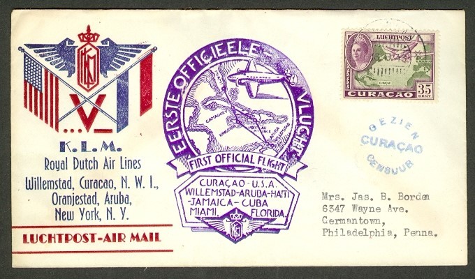 CURACAO/USA 1943 CACHETED CENSORED FFC TO USA