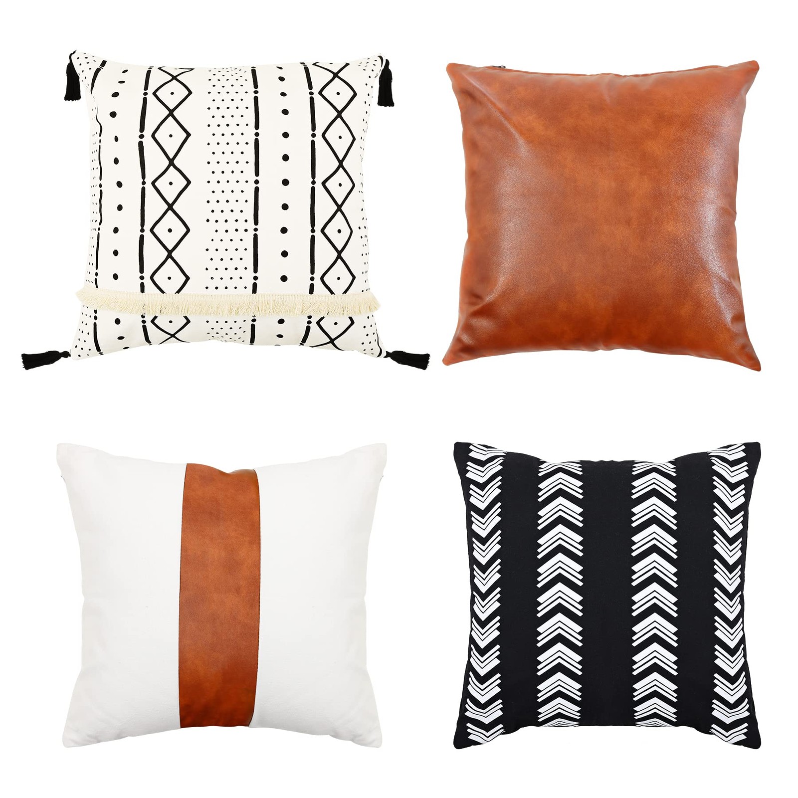 Boho Throw Pillow Covers 20 x 20 Set of 4,Faux Leather Throw Pillow Covers,Mo...
