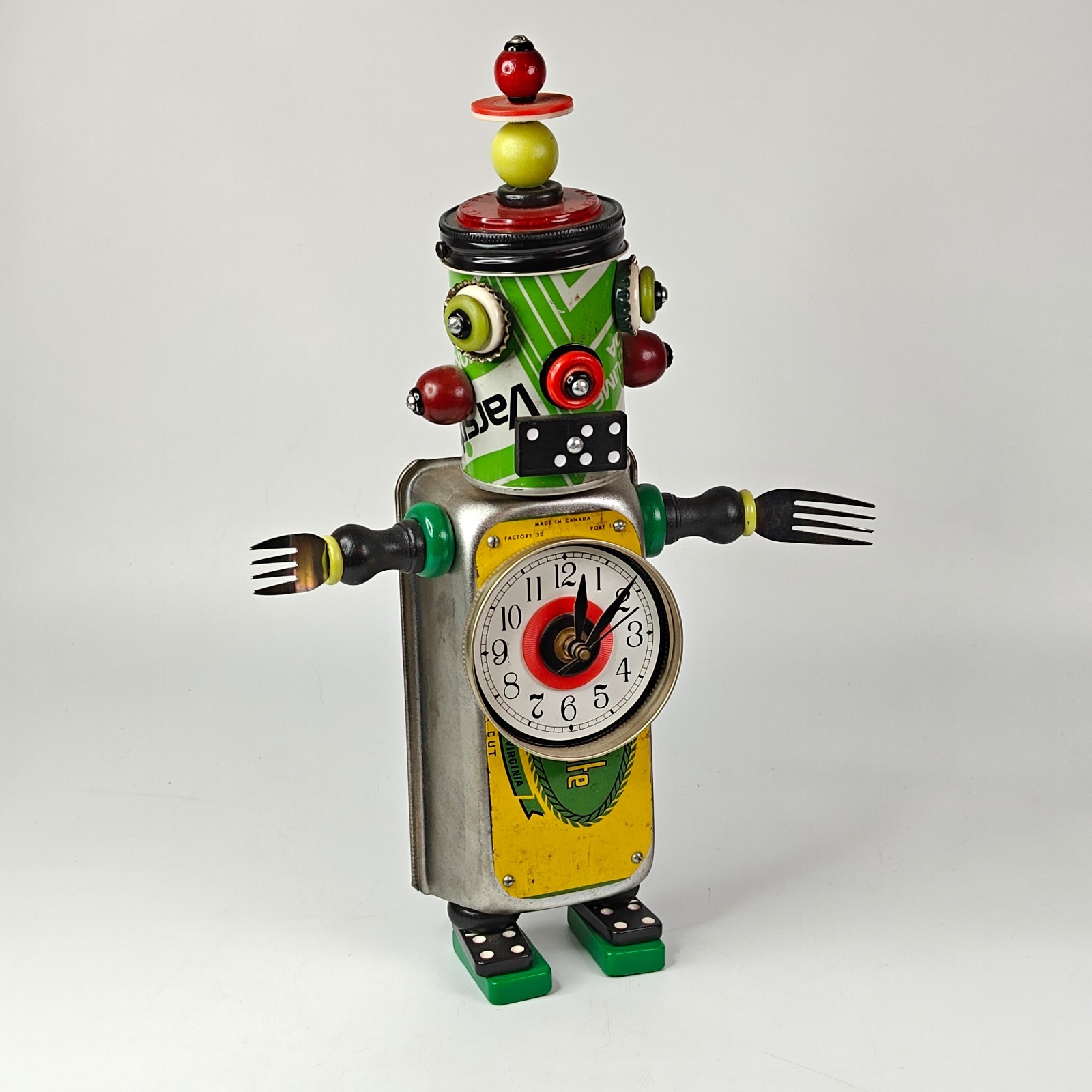 Boss Brown B2 Robot Desk/Wall Clock Found Junk Art Mixed Media Pan Soda Fork