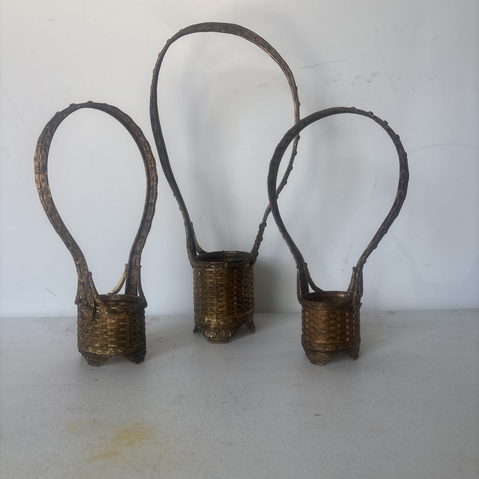 Set Of 3 Antique French Bronze Basket Form Vase