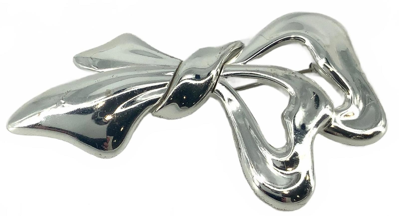 Vintage Monet Silver Tone Modernist Ribbon Bow Brooch Large Polished Minimalist