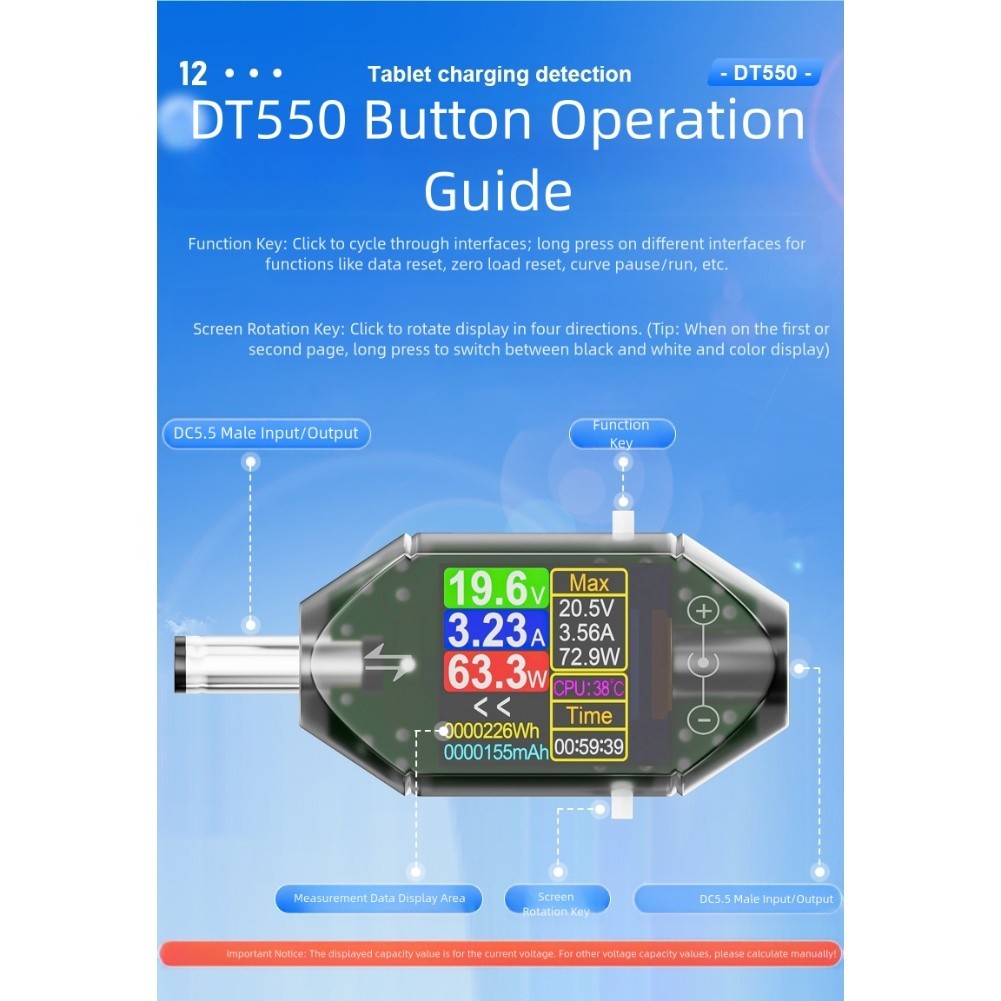 Digital Voltage Current Tester DT550 600W Power Capacity Meter DC5 5x2 5