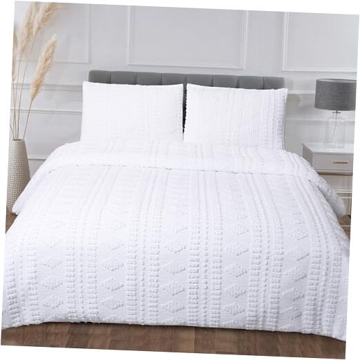  Shabby Chic Duvet Cover Tufted Cotton Boho Striped Diamonds Poms Queen White