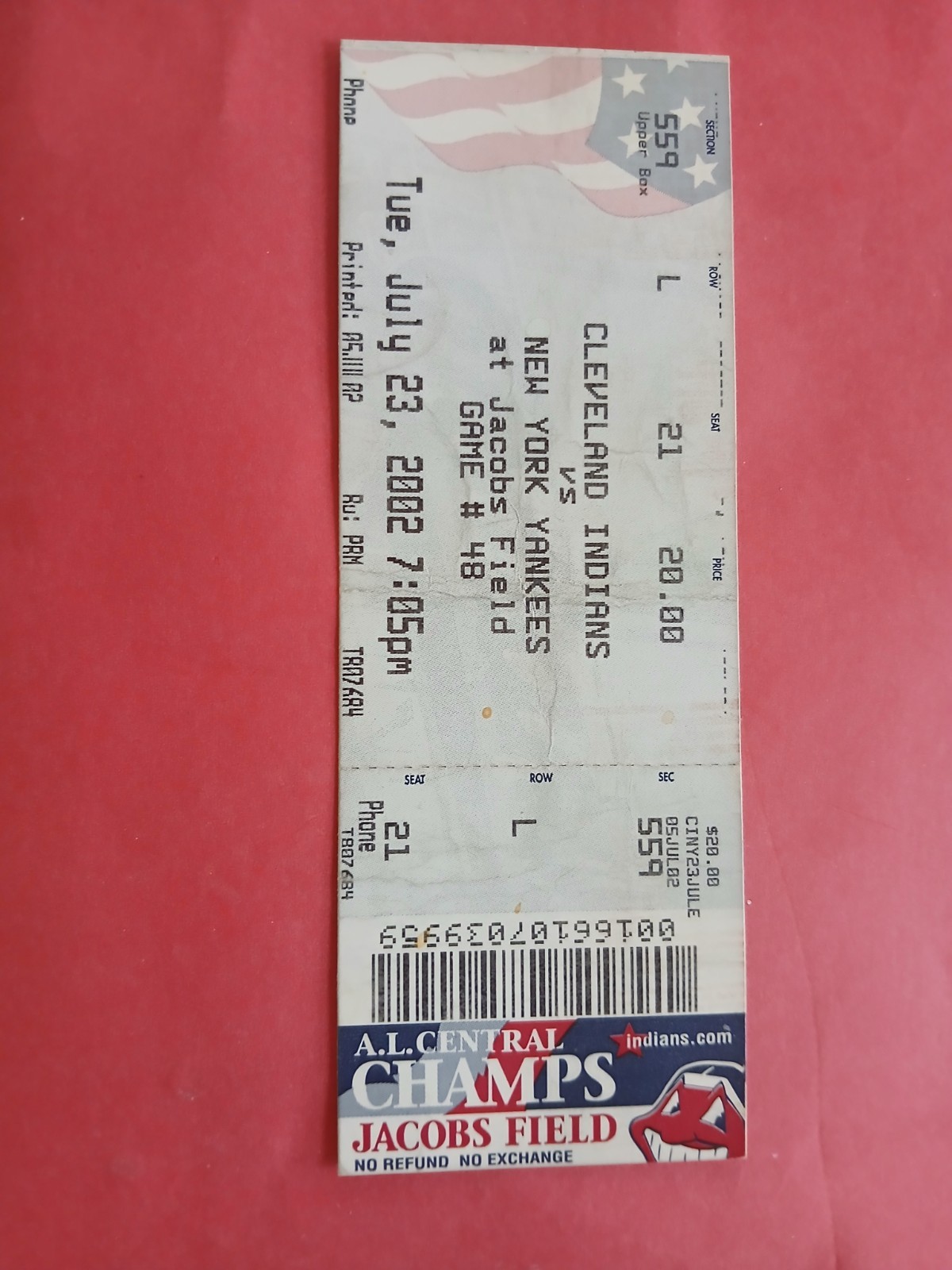 Original Ticket - 7-23-2002 Cleveland Indians vs. NY Yankees Baseball Game