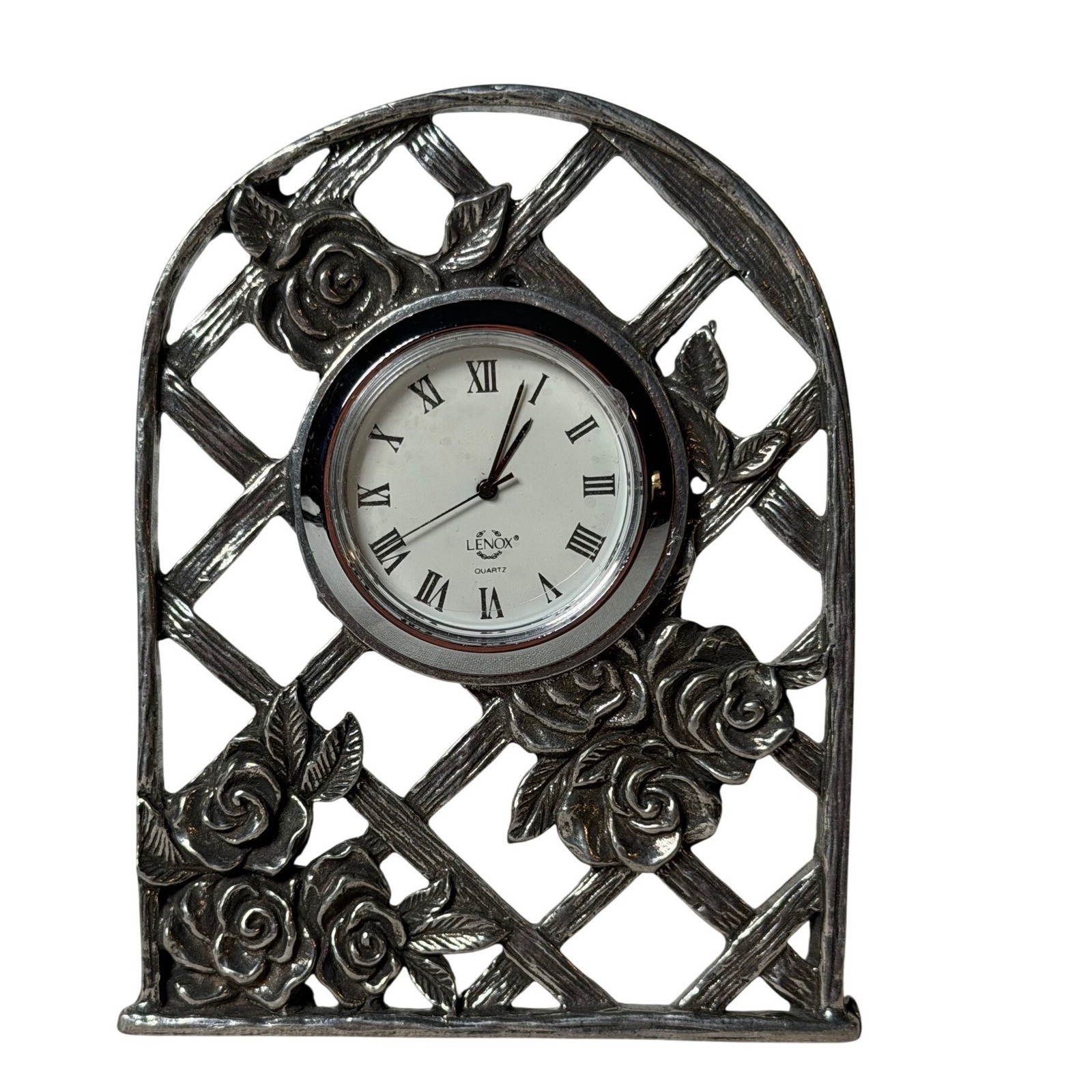 Kirk Stieff Pewter Lenox Clock Rose Lattice Desk Clock Floral Silver Tone Quartz