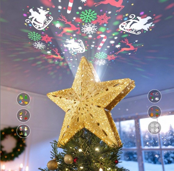 Christmas Star Tree Topper with Built-in Led Snowflake Projector Lights Hollowed