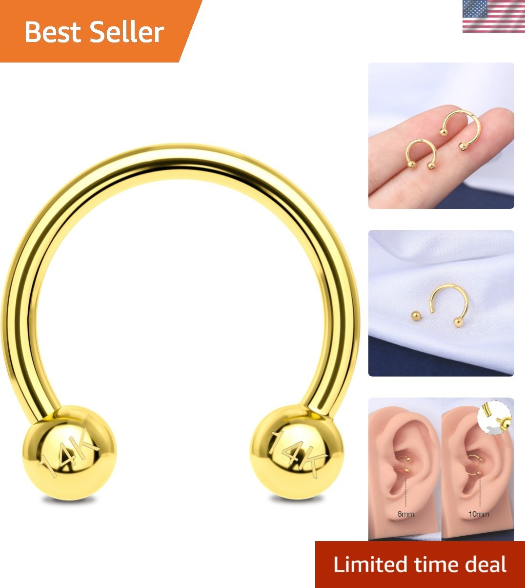 Gold Septum Rings 16G, 14K Solid Gold Septum Jewelry, Internally Thread Horse...