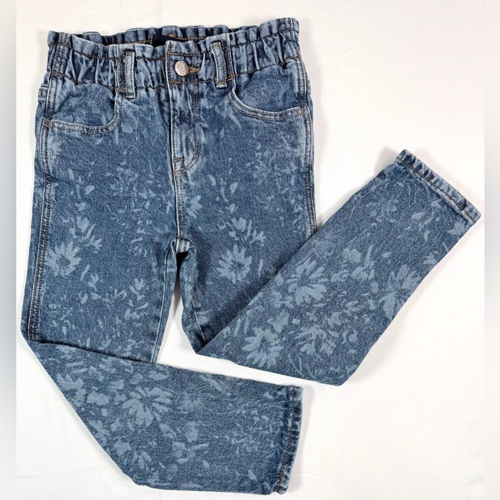 GAP Girls Floral Print Denim Mom Jeans Size 5 Years Elastic Waist Classic