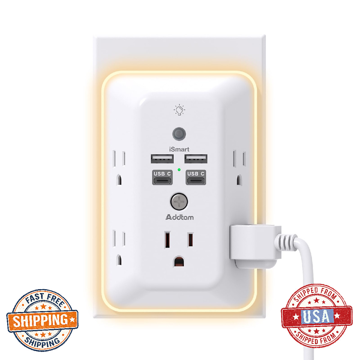 Addtam Surge Protector Outlet Extender Night Light 5-Outlet Splitter 4 USB USB C