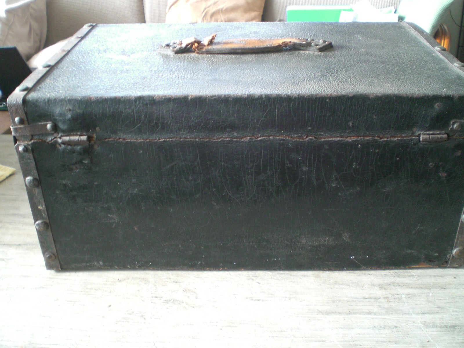 Antique primitive large sturdy wooden storage bond box - leather wrapped