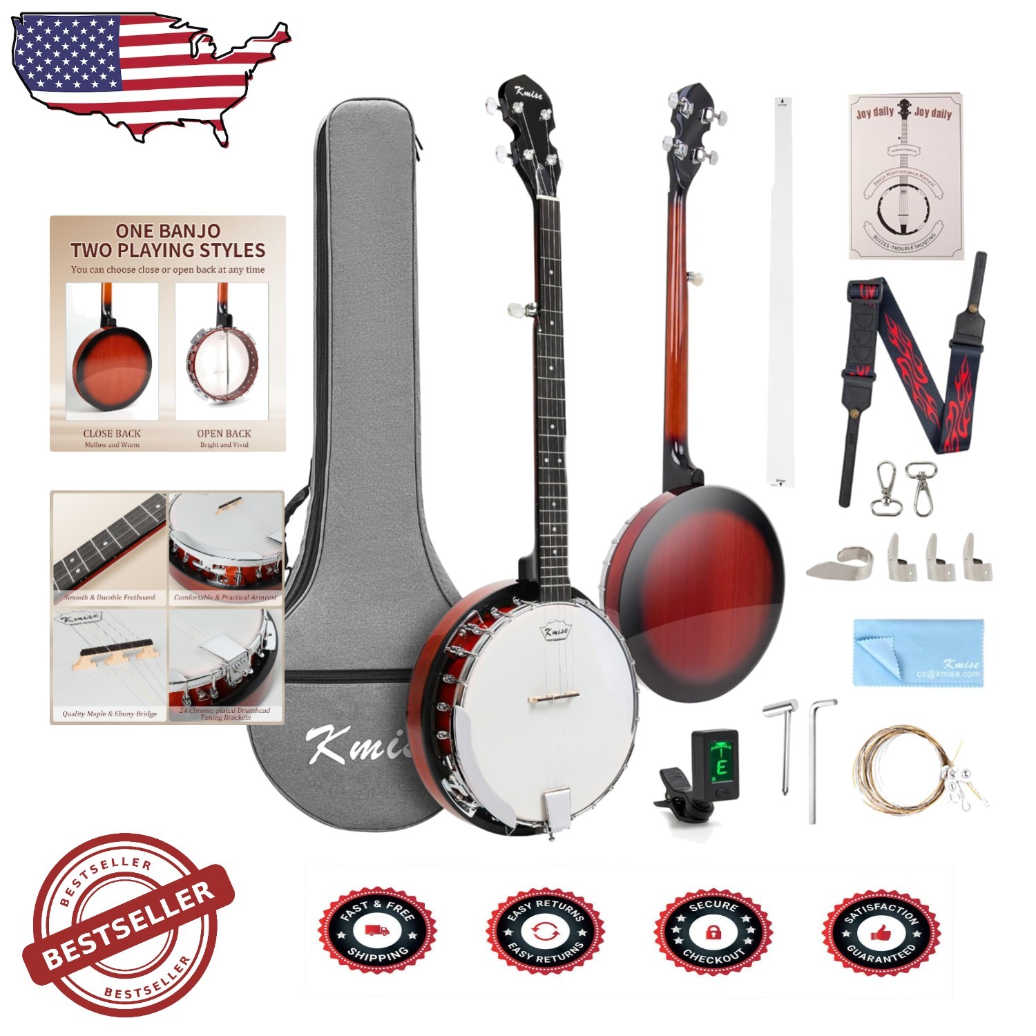 Professional 5-String Banjo 38" Sapele Okoume Resonator Tuner