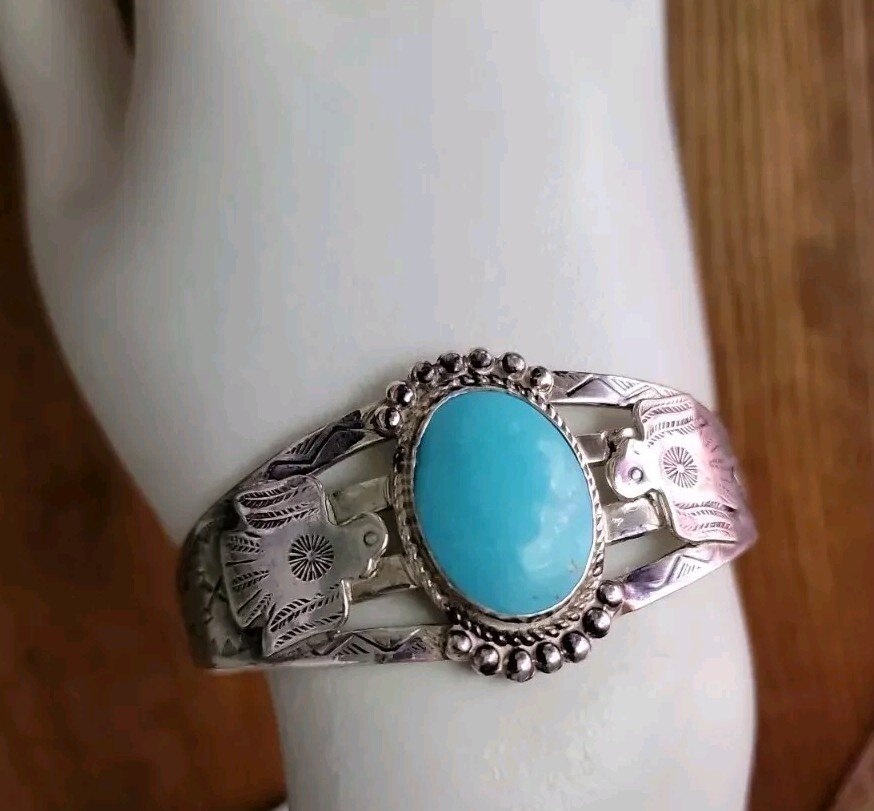 Native American Thunderbird 925 Stamped Cuff Turquoise Bracelet 6.5"