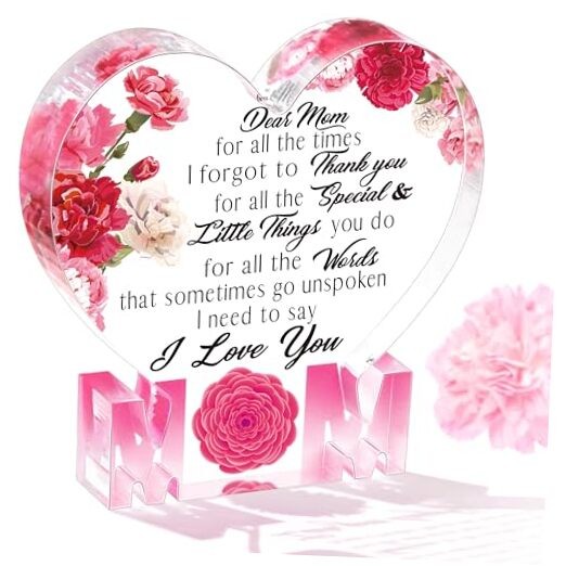 Delicate Carnation Acrylic Heart Plaque Mom Present - 5.9 x 5.9 Heart-Carnation