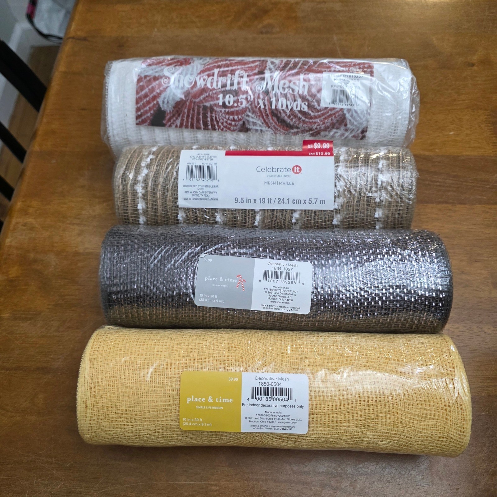 Decorative Mesh Ribbon Bundle 4 Rolls Mesh Wreath Making Jute White Yellow Brown