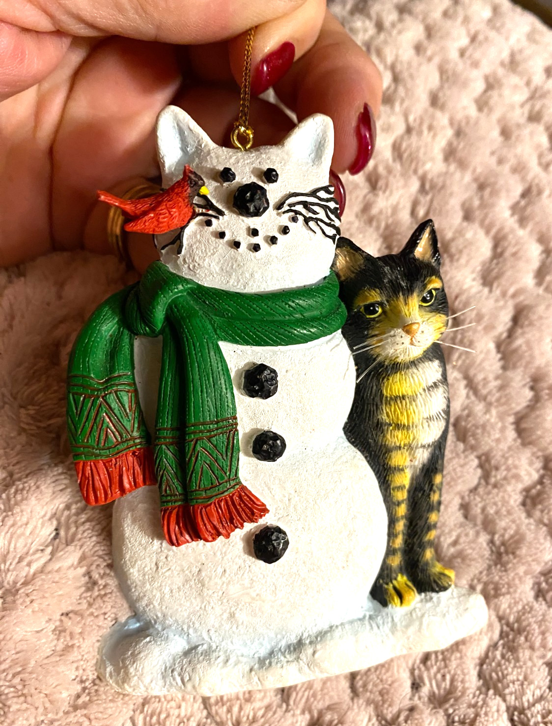 Stephanie Stouffer Cats Kitties Cardinal on Whiskers Resin Christmas Ornament 4"