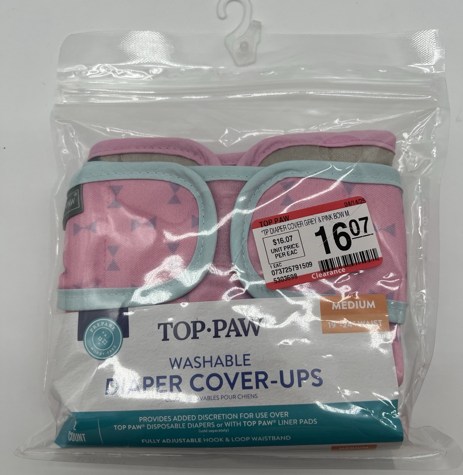 Dog Diaper Cover Ups Top Paw 2 count Washable Medium Pink 19”-24” waist