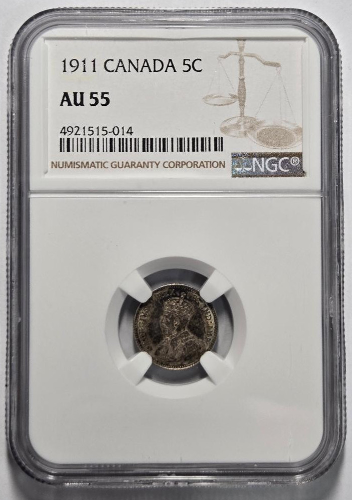 1911 CANADA 5 CENTS NGC AU 55 Certified Coin
