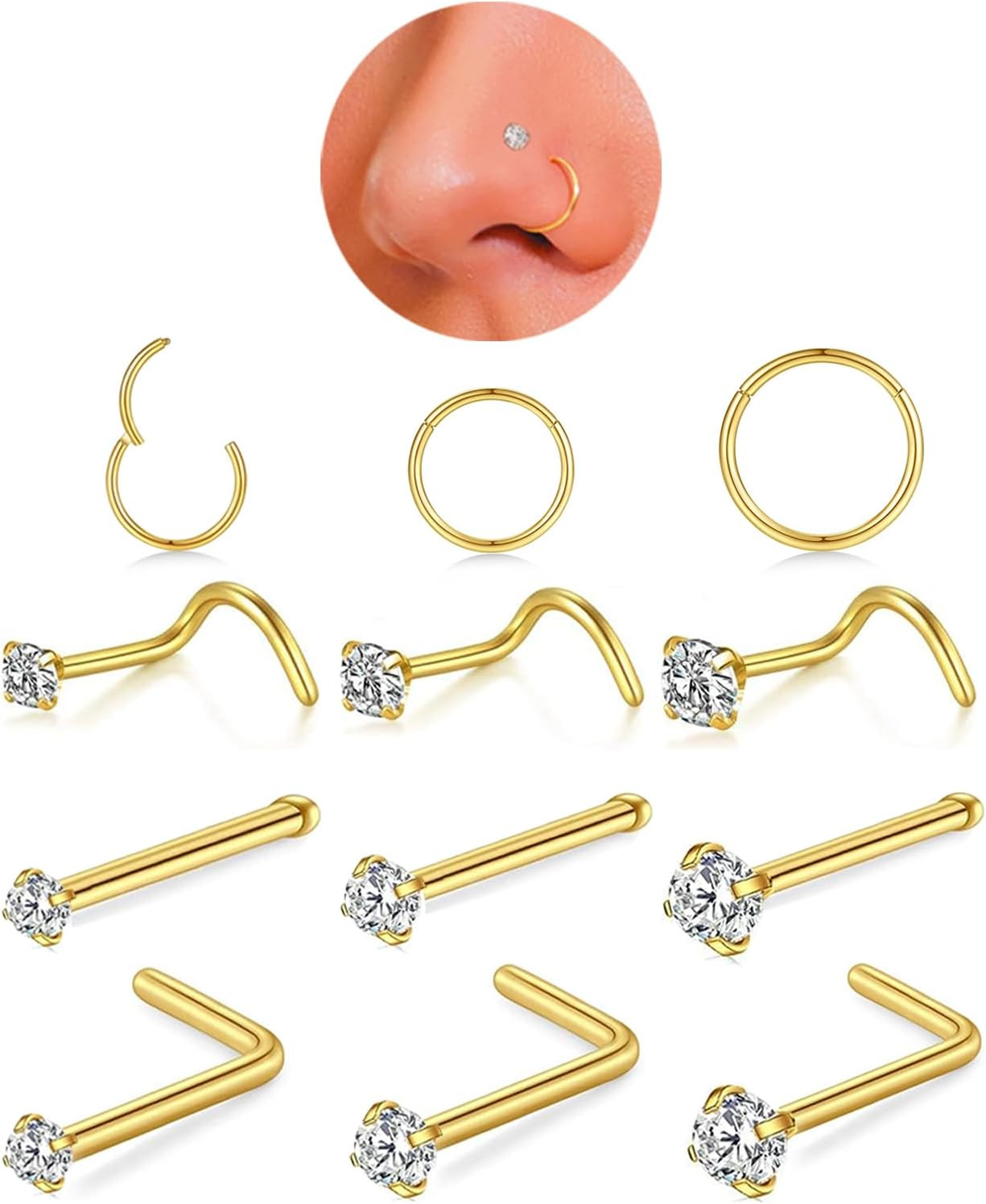 Nose Rings Hoop and Nose Studs Sets for Women Men,Hypoallergenic 316L Surgical S