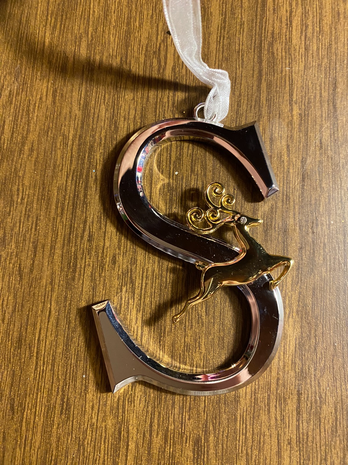 Monogram Initial Letter S Metal w Reindeer Elk DeerChristmas Ornament 3 1/4"