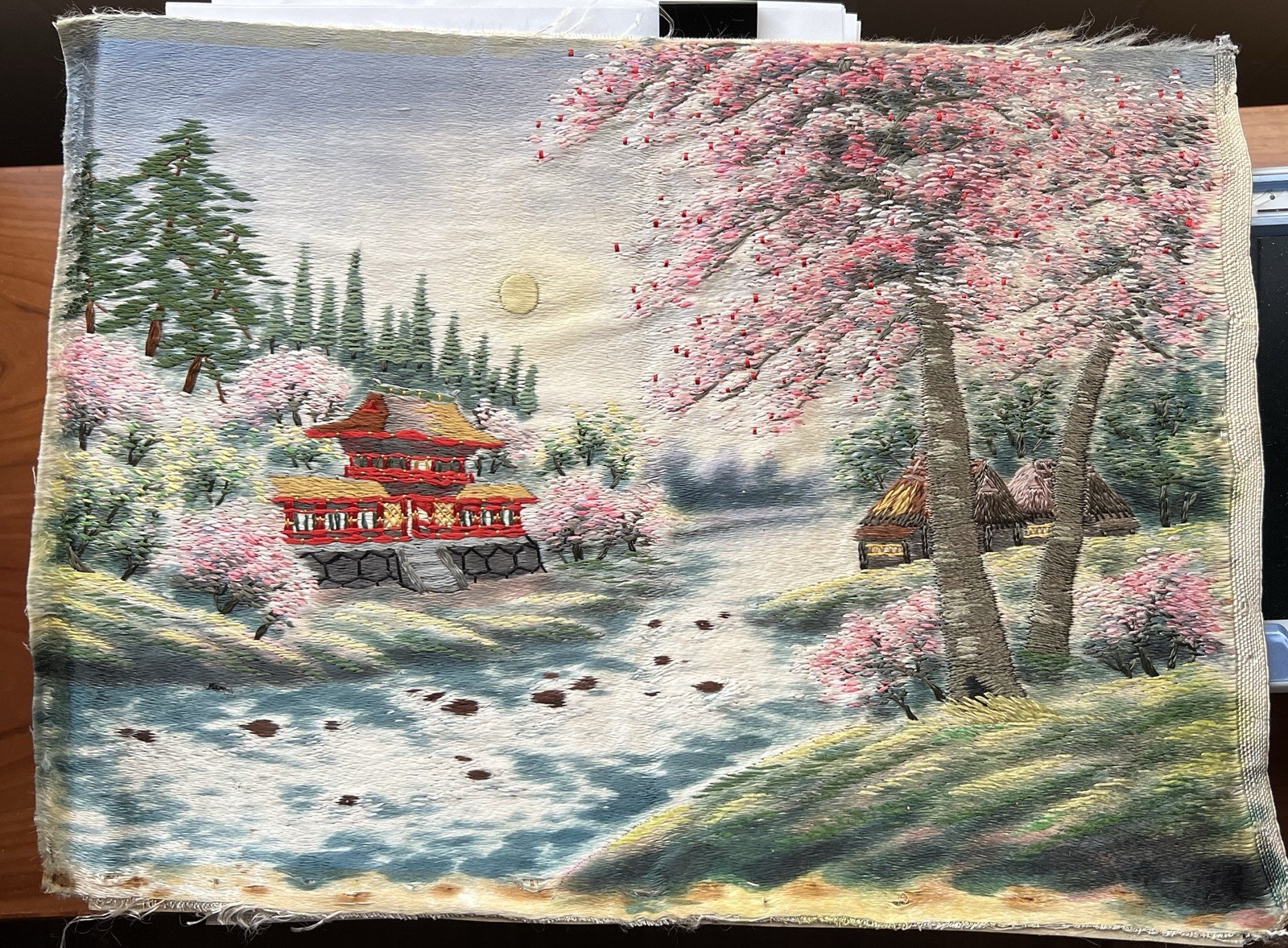 Vintage Japanese Silk Embroidery Landscape Old & Beautiful