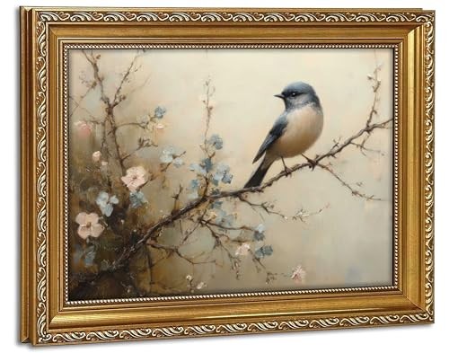 Gold Framed Bird Canvas Wall Art Vintage Blue 16"L x 12"W Blue Bird-Framed