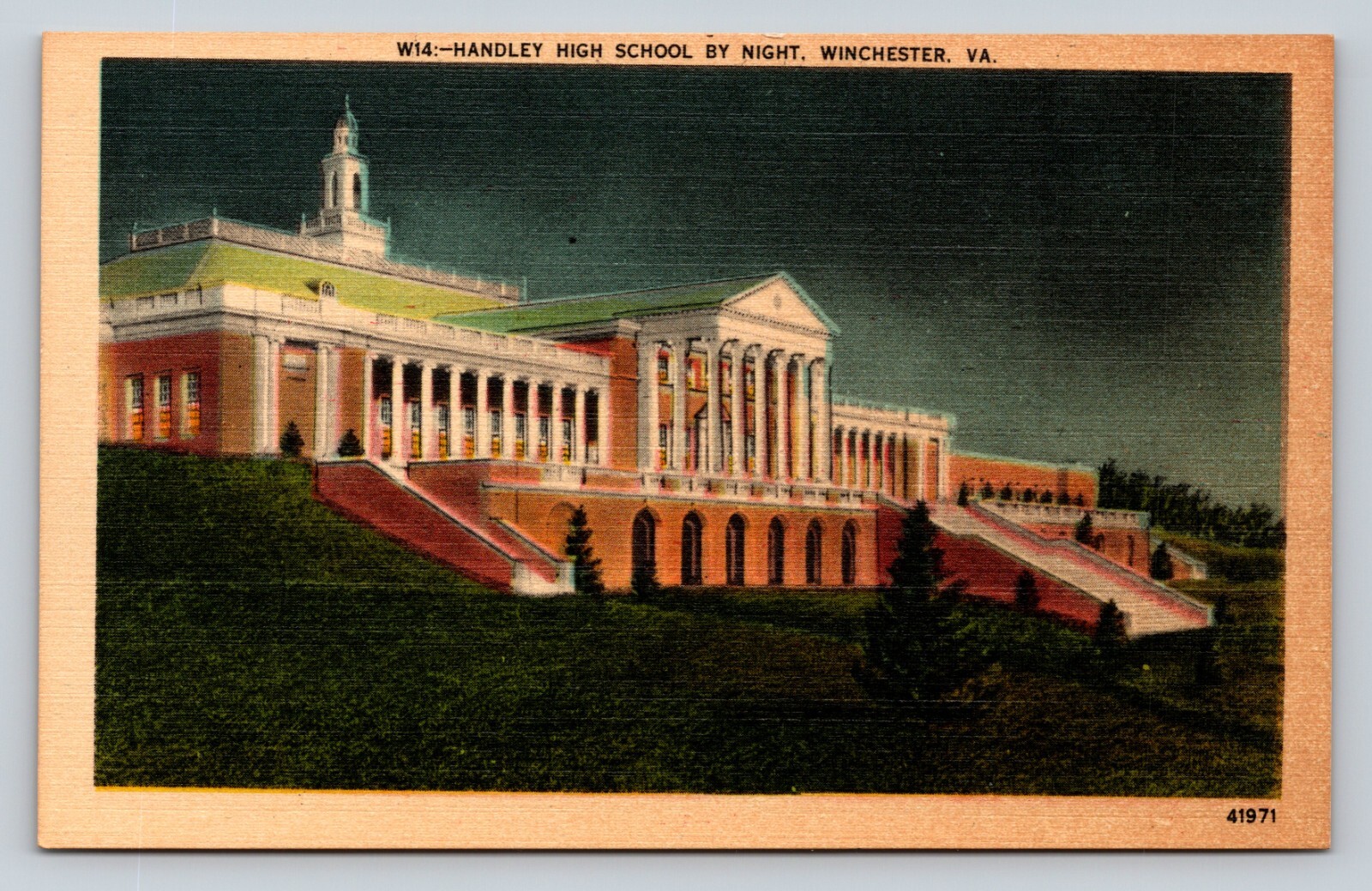Winchester Virginia VA Handley High School By Night VINTAGE Postcard