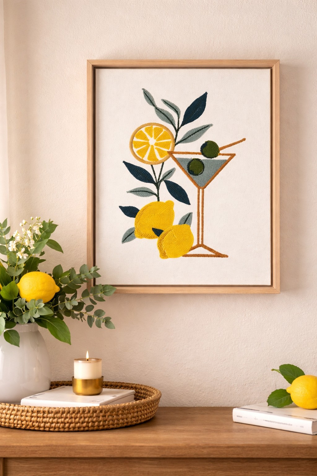 New BP Home Woven Embroidered Textile Wall Art Dirty Martini W/ Lemon 12"x14"