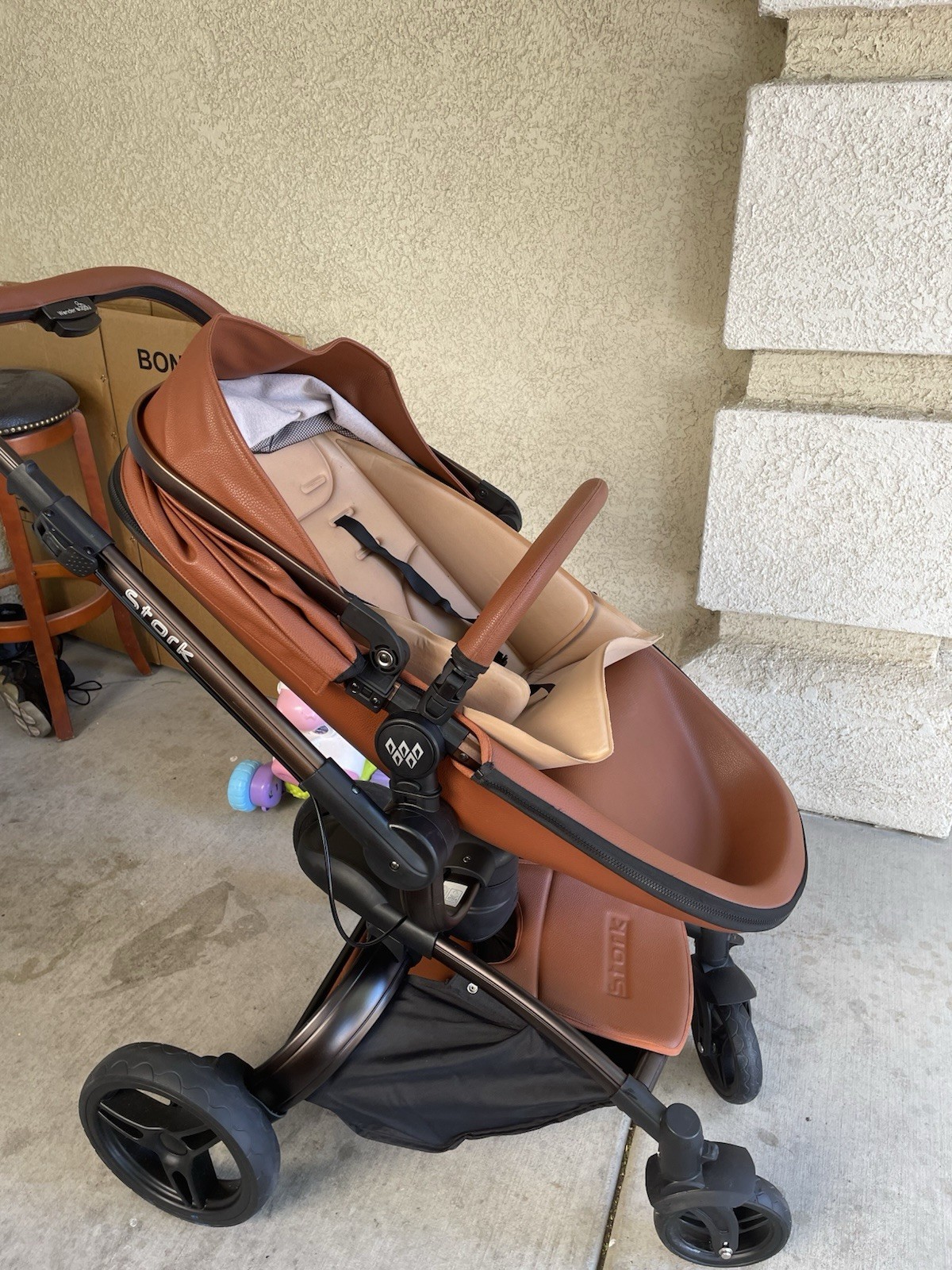 Stokke Brown Beige Pushchair Single Folding Adjustable Handles Rubber Tires
