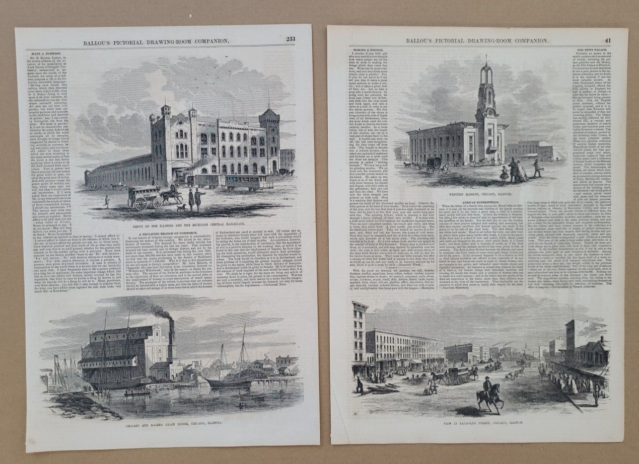 Chicago  vintage  prints of early Chicago  1855  2 pages 4 scenes