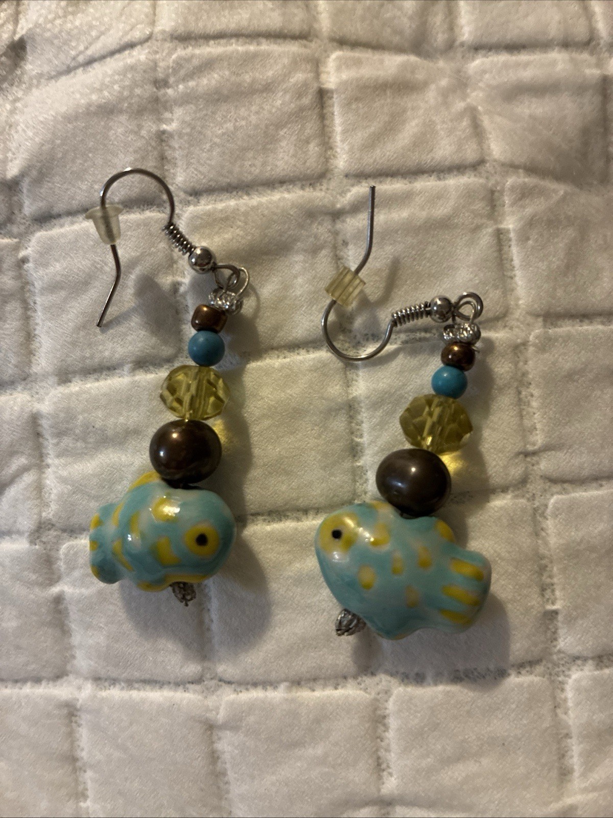 Handmade Teal Blue Dangling Blue Fish Earrings with Beads Silver Hooks