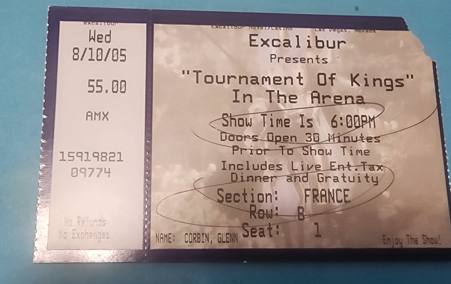 2005 Las Vegas Excalibur Tournament of Kings In the Arena Ticket Stub France 1