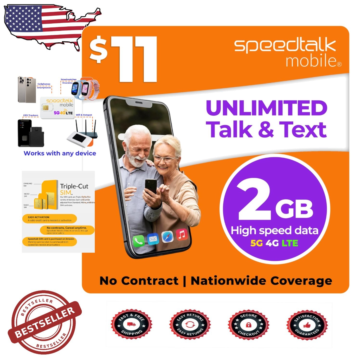 Unlocked Phone Prepaid SIM: 30-Day Service, Unlimited Talk & Text, 2GB