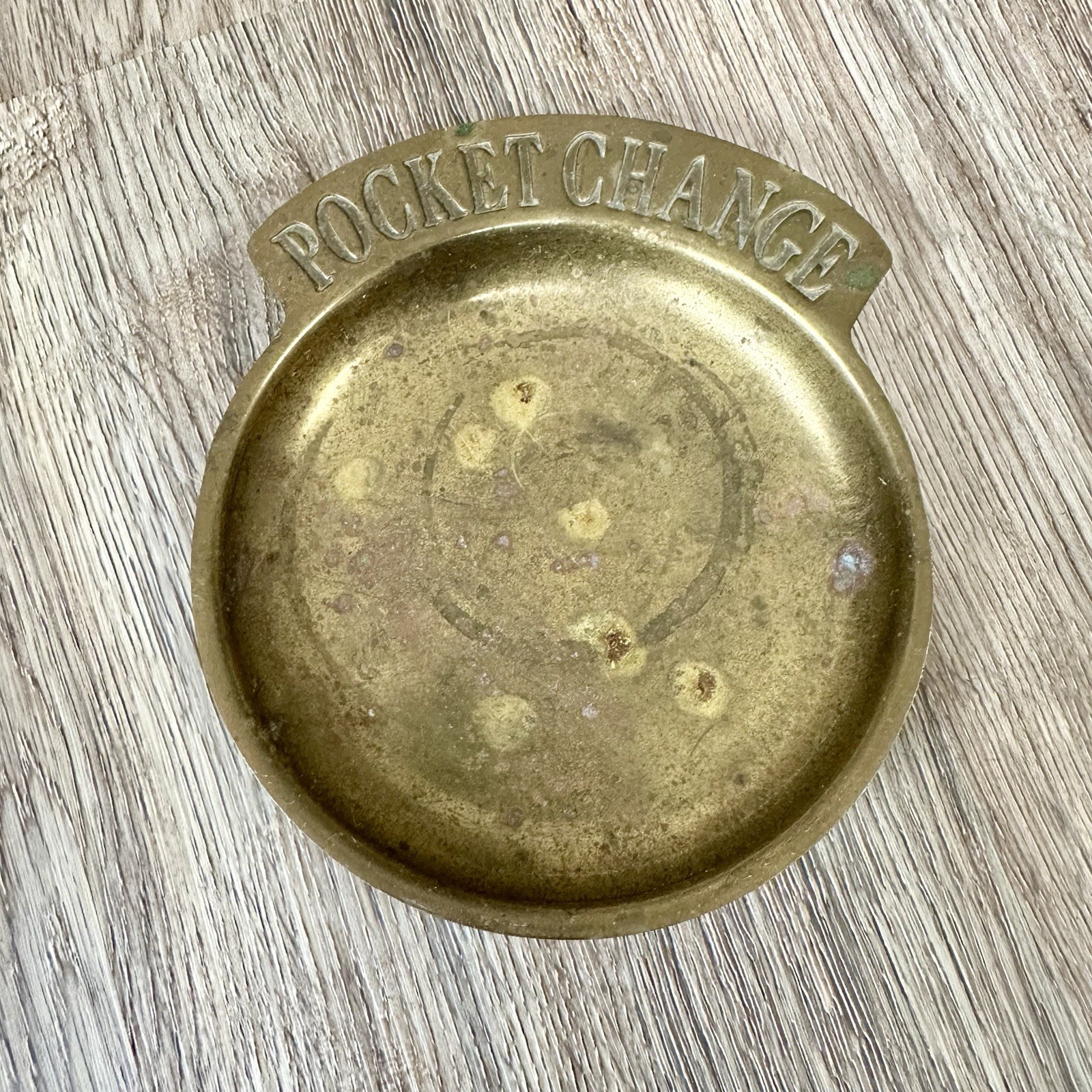 Vintage Brass Coin Caddy Trinket Dish Dresser Tray “Pocket Change” 5” MCM