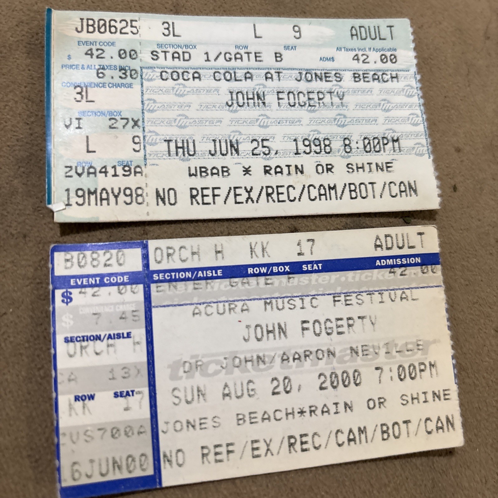 John Fogerty Tickets Stubs Jones Beach Theater June 25, 1998 And August 20, 2000