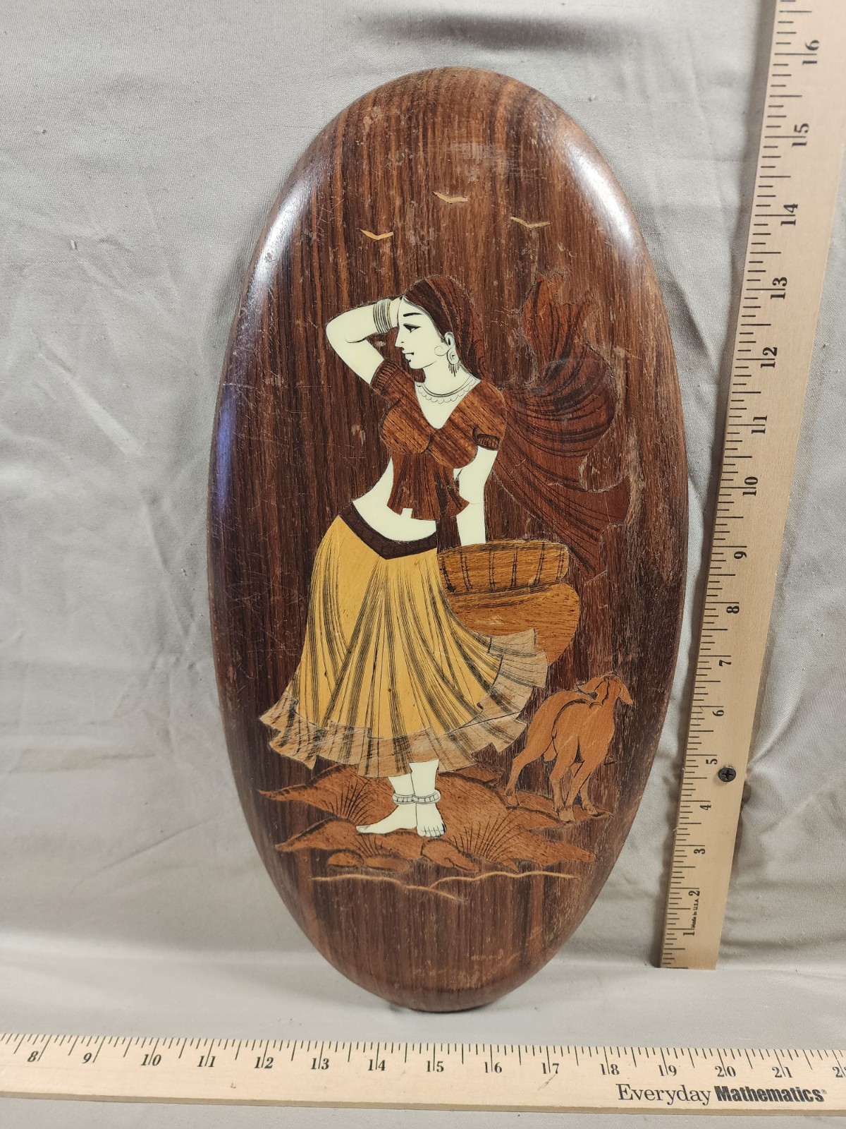 Antique Carved Wood Female Wall Plaque Inlaid Bone Elegant Decor Mid Mod Curves