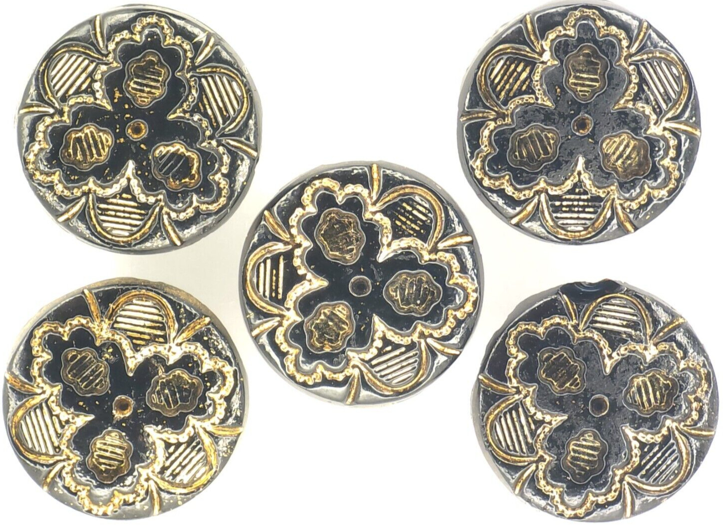 C1890s Victorian Black Glass Intaglio Gold Luster Scalloped Leaf Button Set LOT
