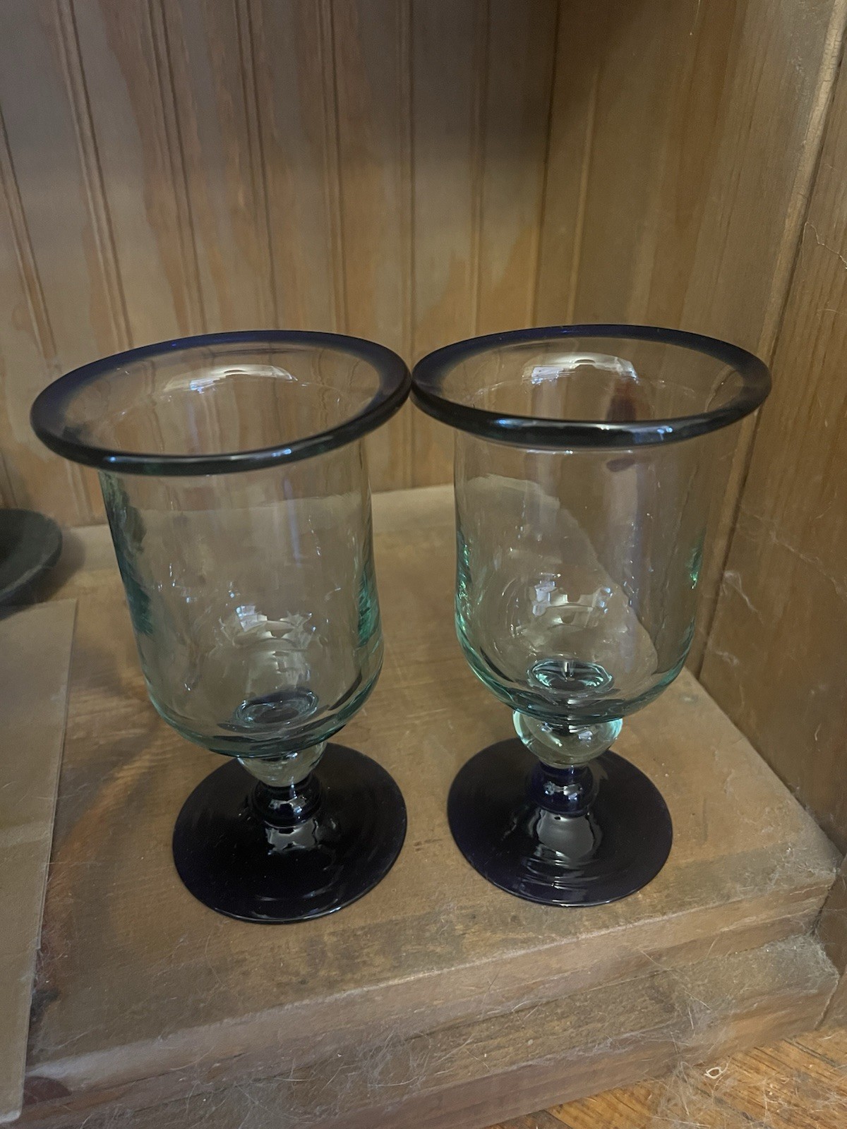 Clear Glass Goblets with Blue Base, Glossy Round Set of 2
