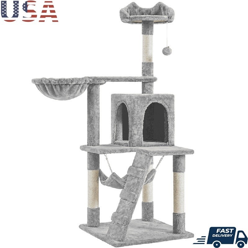 54" Cat Tree Tower Hammock Basket Scratching Post Multi Level Small Cats New
