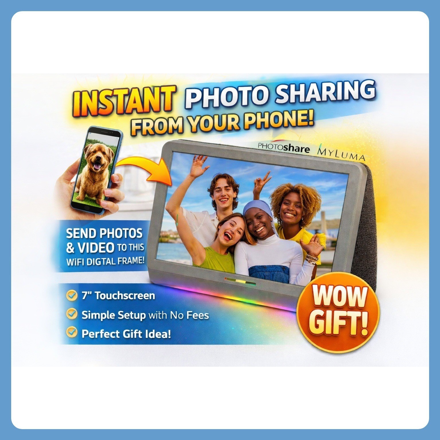 PhotoShare MyLuma 7" WiFi Digital Smart Photo Frame 1280x800 LED Touch Grey Gift