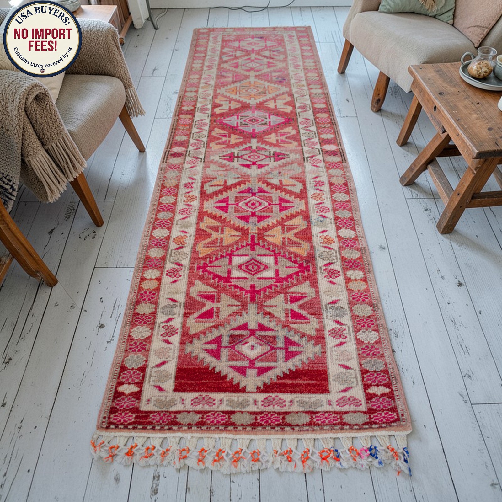 3x11 ft Runner Rug HandMade Colorful Turkish Rug Hallway Rug  Kitchen Decor PINK