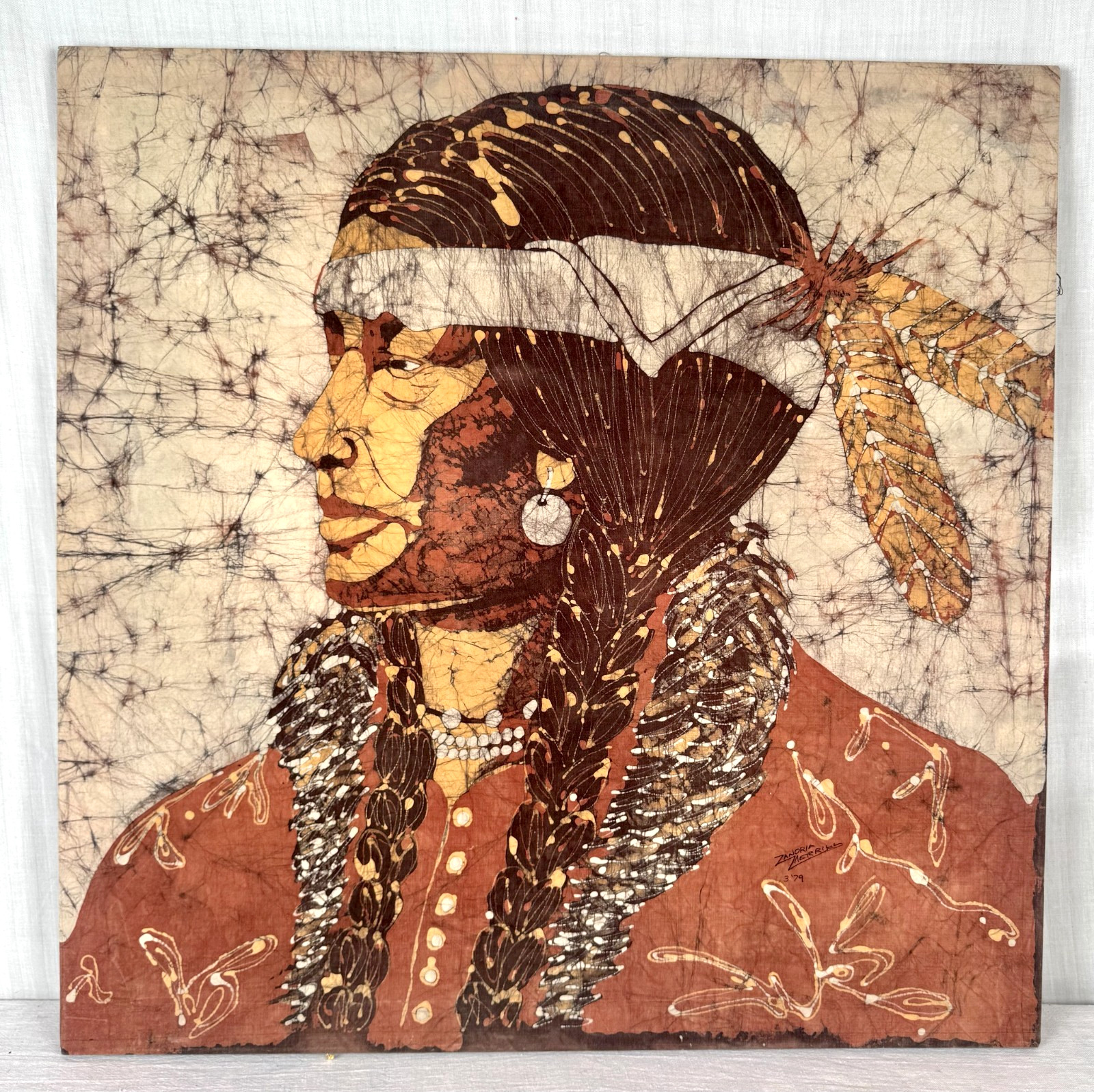 Signed Original Art Tapestry Vtg 70’s Batik Textile Native American Wall Hanging