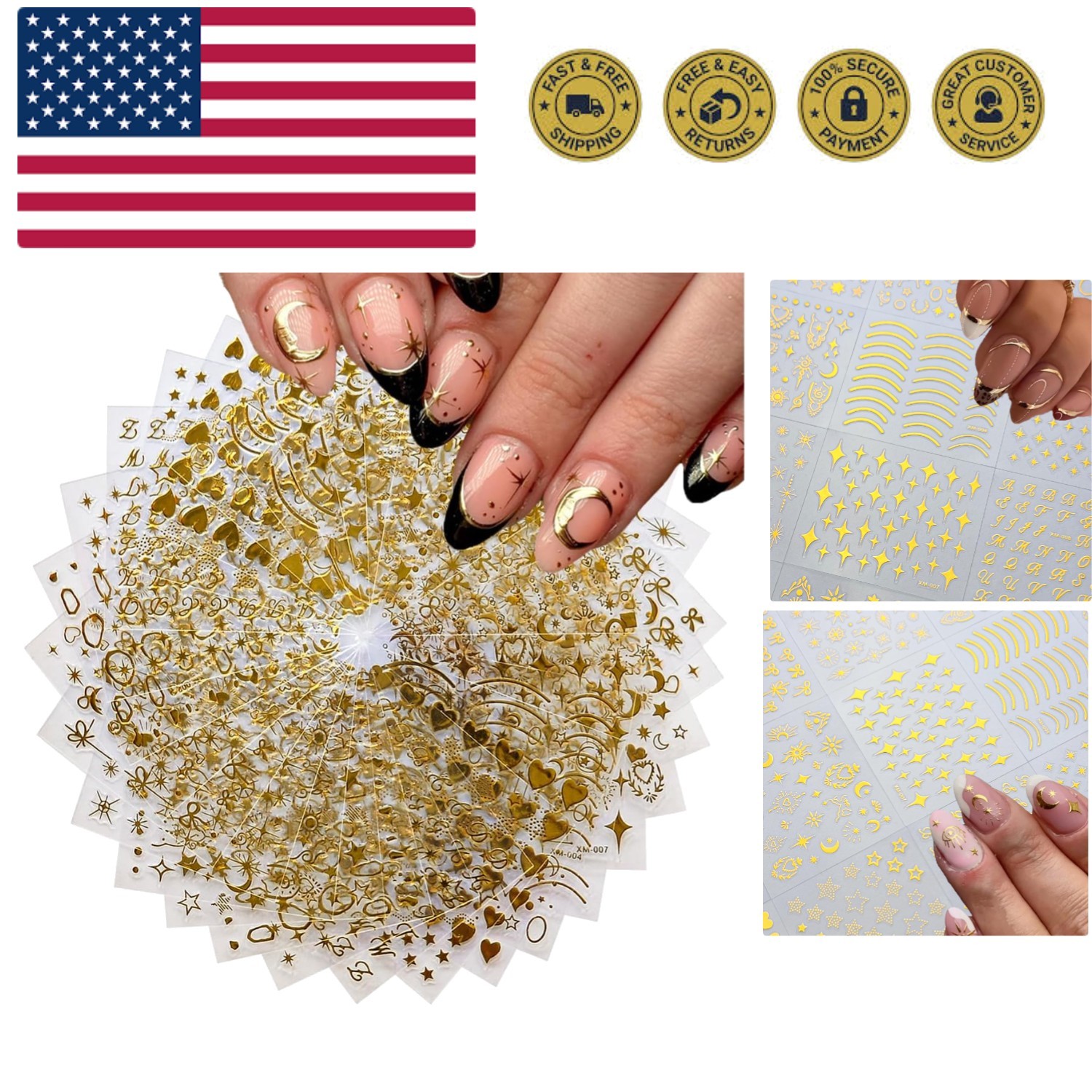 30Sheets Gold Nail Art Stickers Star Line 3D Self Adhesive Nail Stickers for ...