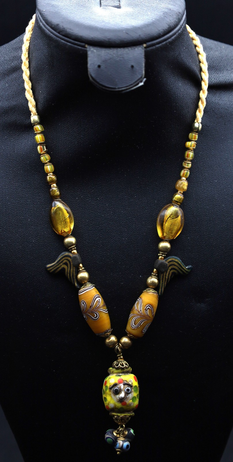 Genuine Ancient Roman Mosaic face Gabri Glass and gold beads necklace(EE18)