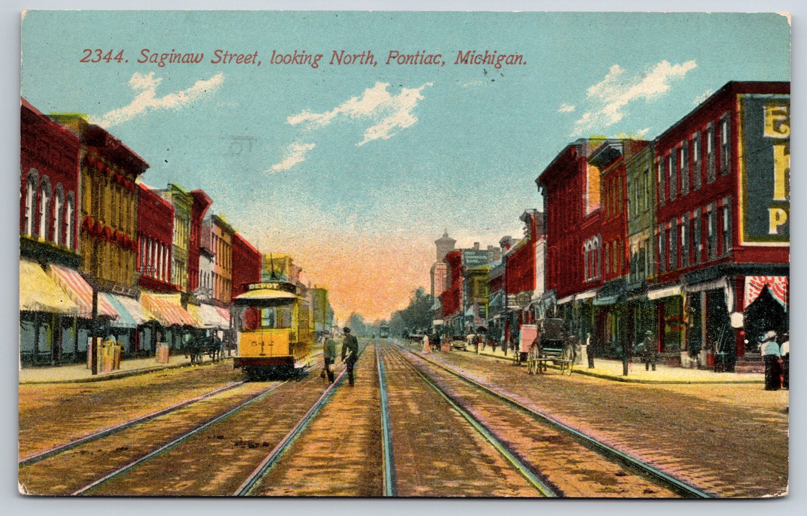 1911 Pontiac, MI Postcard - Saginaw Street Trolley Scene in Pontiac, Michigan