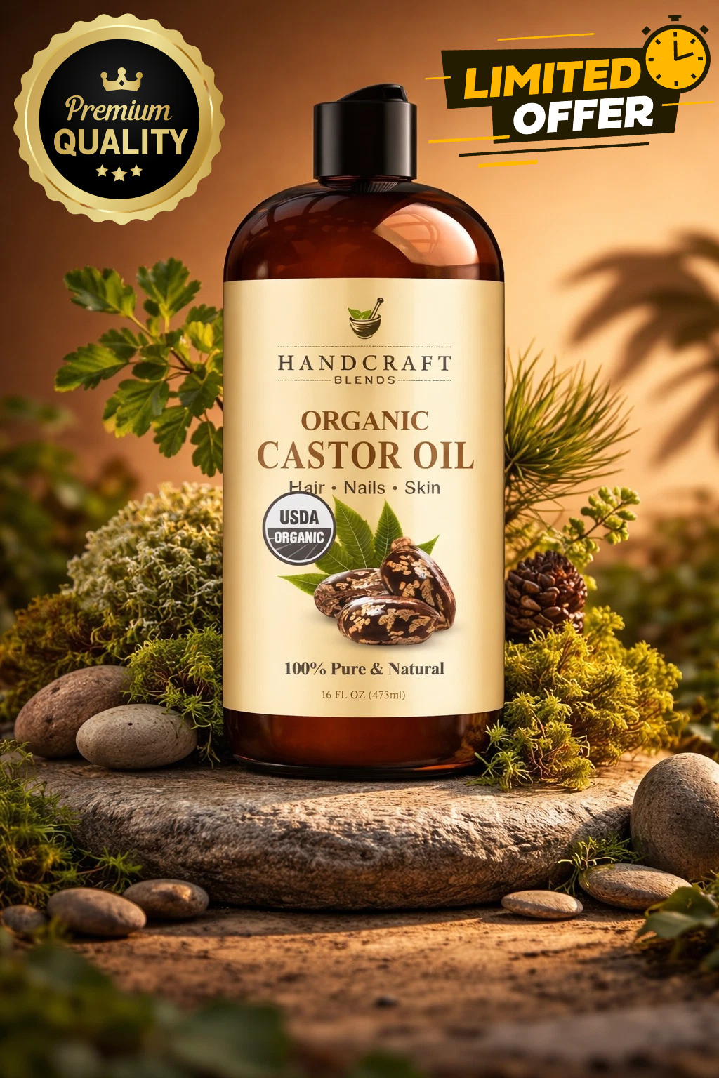 Premium Organic Castor Oil 100% Pure and Hexane-Free Cold-Pressed Beauty 16 fl.