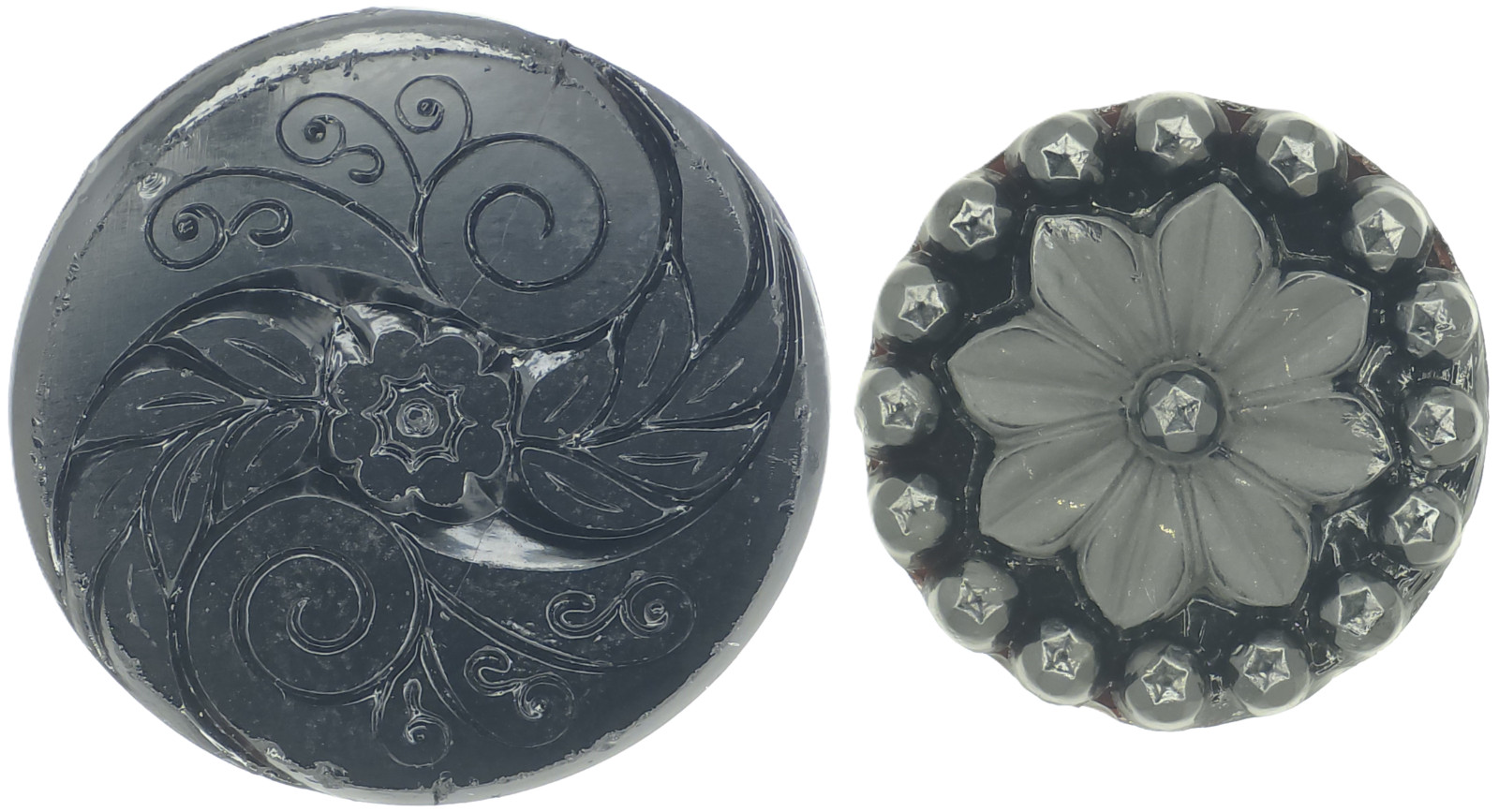 1880s Victorian Black Glass Fillagree Swirl Flower Button LOT Cut Steel .87-1.06