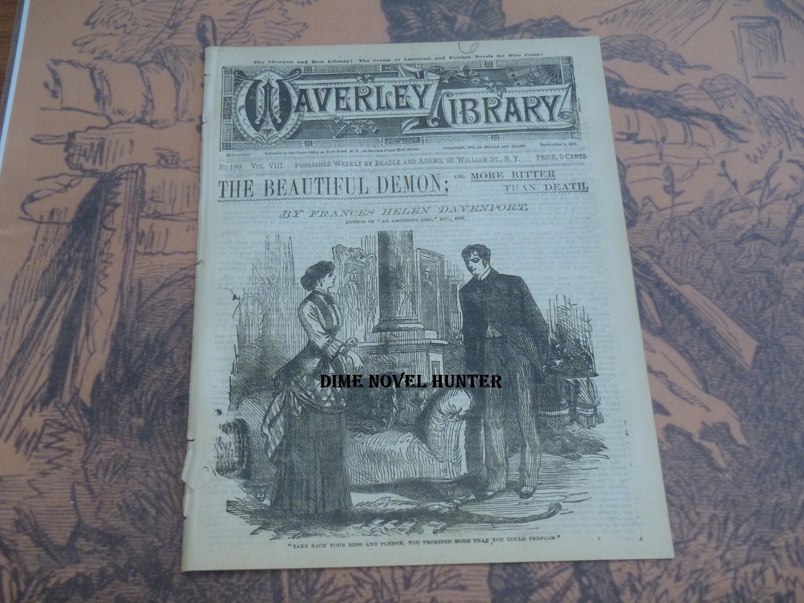 1883 BEADLE & ADAMS WAVERLEY LIBRARY #199 VRY SCARCE FINE DIME NOVEL STORY PAPER