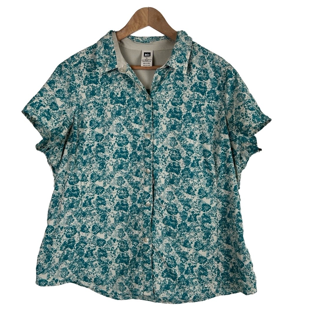 REI Womens Short Sleeve Button Up XL Turquoise Floral Outdoor Hiking Vented Camp