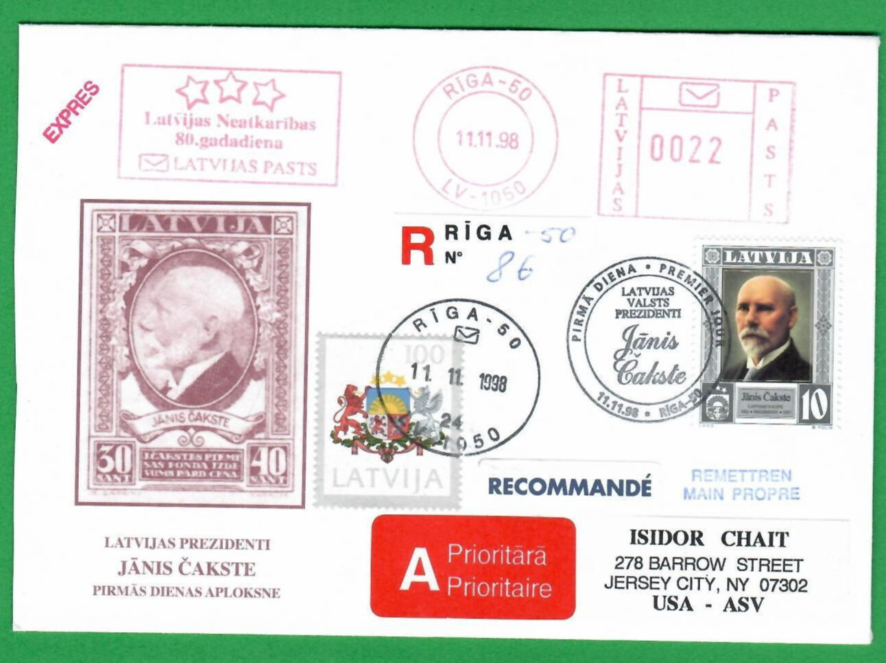 1998 LATVIA R. COVER USED RIGA TO USA JERSEY CITY 1534